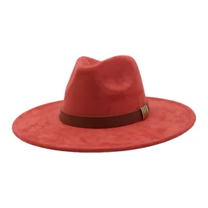 Red suede fedora hat with brown leather band and metal buckle detail for men and women.
