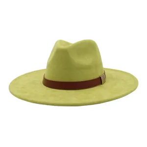 Faux suede wide-brim fedora hat detail, chartreuse green with brown leather band and metal buckle.