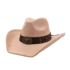 Sombrero de vaquero occidental de ante sintético, ala ancha, gorra de jazz con hebilla de toro.