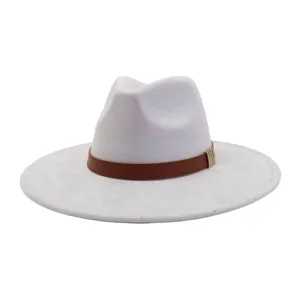 Grey suede fedora hat detail, wide brim design with brown leather belt and metal buckle accent.