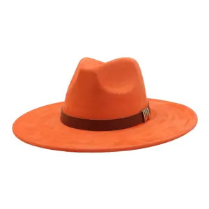 Orange suede fedora hat with brown leather band and metal buckle detail, stylish gentleman cap.