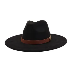Classic black suede fedora hat featuring a stylish brown leather band and chic metal buckle detail.