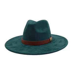 Dark green suede fedora hat detail, wide brim gentleman hat with brown leather belt