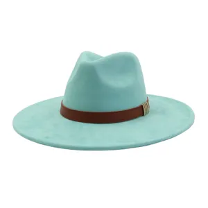 Turquoise suede fedora hat detail, elegant brown belt with metallic buckle, stylish wide brim design.