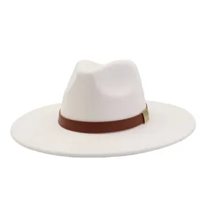 White felt fedora hat with brown leather belt and metal buckle for men and women stylish.