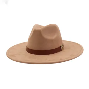 Suede fedora hat detail view, classic wide-brim design with brown band for men and women.