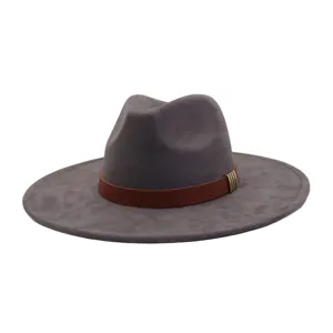 Grey faux suede fedora hat detail with brown leather band and metal buckle for classic style.