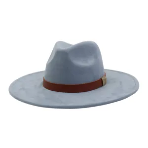 Classic faux suede fedora hat with brown leather strap and metal buckle for men and women.