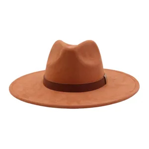 Suede fedora hat detail view, wide brim classic gentleman hat, couple stylish headwear.