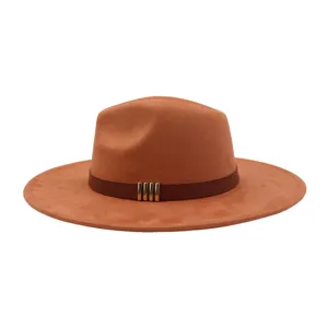 Unisex wide brim suede fedora hat with brown leather belt and metal decoration detail.
