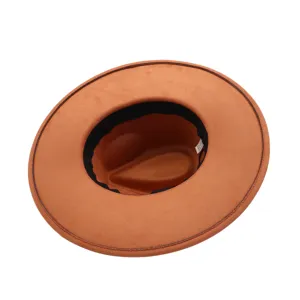 Unisex wide brim fedora hat in camel faux suede with black inner band, classic jazz cap.