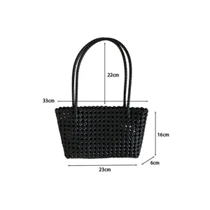 Black woven beach tote bag summer hollow out handbag commuting basket purse with handle size.