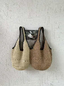 Sac Tote en Paille pour Femmes Bloc de Couleur Sac à Épaule Tissé Grande Capacité Sac de Plage en Paille Pousse Décontracté Vacances