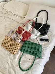 Women Urban Minimalist PVC Hand Woven Hollow Out Tote Bag Plaid Rhombus Handle Straw Style Shoulder Bag For Summer Beach Vacation