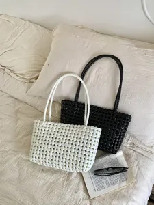 Woven straw tote bag summer beach handbag hollow out top handle bag casual daily commuter tote