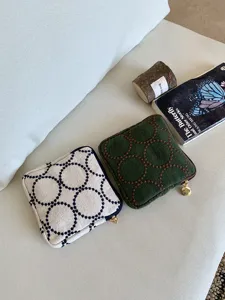 Embroidered fabric coin purse, vintage tambourine circle pattern cosmetic brush storage bag.