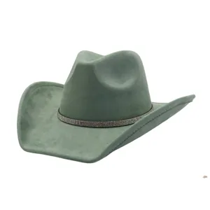 Green suede cowboy hat with rhinestone band for autumn winter fashion western style jazz cap