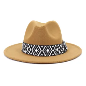 Sombrero fedora de lana unisex, sombrero de jazz de ala ancha clásica con cinta tejida.