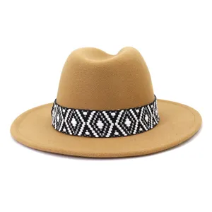 Sombrero fedora de lana unisex con cinta tejida en blanco y negro, ala ancha estilo retro británico.