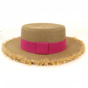 Damen Flach-Strohhut breite ausgefranste Krempe magenta Band Strand Sonnenschutz Accessoire