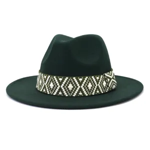 Sombrero fedora de lana verde oscuro con cinta tejida étnica, sombrero de jazz de ala ancha clásico.
