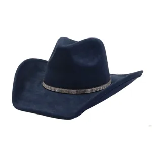 Close-up detail of dark blue suede cowboy hat featuring a sparkling rhinestone band.