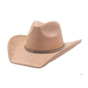 Stylish khaki suede cowboy hat with sparkling rhinestone band for women and autumn fashion.