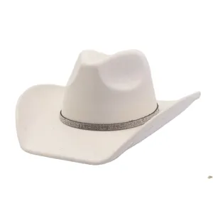White suede cowboy hat with rhinestone band, classic western jazz hat for autumn winter.