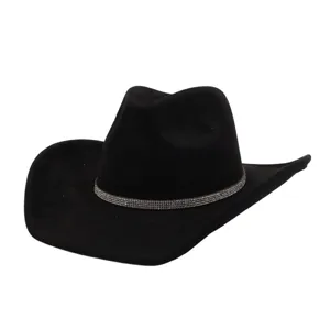 Black suede cowboy hat for women men, wide brim western fedora with rhinestone band winter.