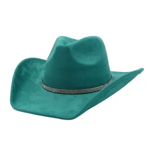 Turquoise suede cowboy hat for women, wide brim jazz hat with sparkly rhinestone band.