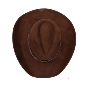 Close-up top view of the brown suede cowboy hat showing the detailed ethnic style band and wide brim.