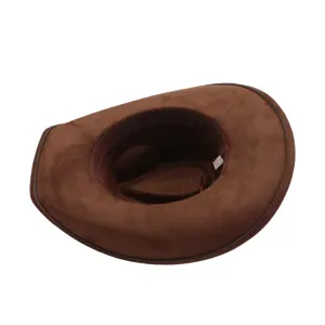 Brown suede cowboy hat detail view, wide brim retro fedora cap for autumn winter fashion.