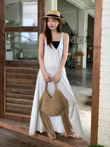 Borsa Intrecciata Bohémien Fatta a Mano in Paglia Con Nappe Borsa a Tracolla Traforata Coulisse Spiaggia Vacanza Borsa da Donna Casual Cotone Canapa