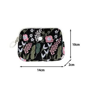 Porte-monnaie brodé floral, étui à cartes double couche en lin et coton, 14x10x2cm.