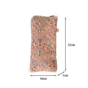 Detailed view of the pink embroidered glasses case, showing delicate floral embroidery and zipper.