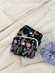 Joli petit porte-monnaie brodé de fleurs en toile double couche pour cartes pratique.