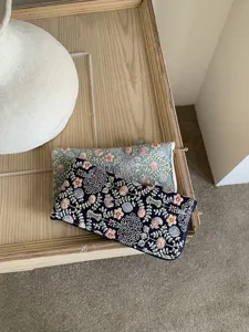Exquisite embroidered glasses pouch set featuring detailed floral patterns and secure zip closure.