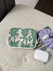 Pochette de rangement brodée en lin et coton porte-monnaie double couche avec fermeture éclair