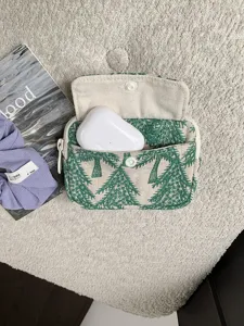 Pochette brodee en lin et coton double couche sac de rangement d'ecouteurs petit porte-monnaie