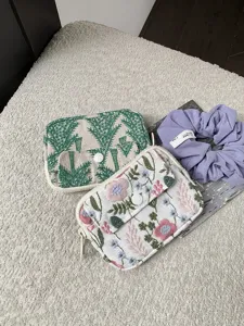Pochette de rangement double couche brodée en lin de coton, motif fleurs et arbres porte-monnaie.