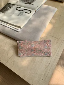 Chic embroidered pink glasses case with floral pattern, portable zip pouch for sunglasses.