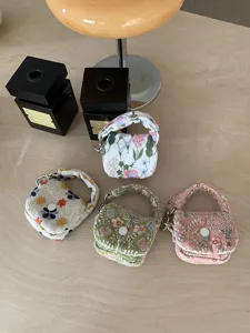 Embroidered mini earphone bag coin purse cute portable storage pouch with metal clasp hook.