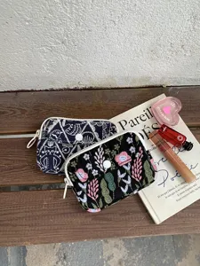 Porte-monnaie brodé en lin coton porte-cartes, double couche jolie petite pochette.