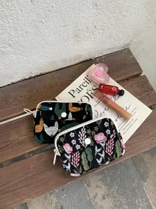 Porte-monnaie double couche brodé en coton lin mignon animal floral sac de rangement