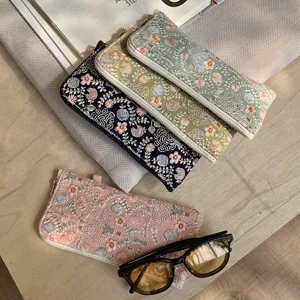 Embroidered glasses case portable zippered pouch stylish floral storage bag for sunglasses