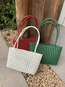 Summer woven beach tote bag hollow out straw basket casual daily commute handbag for women.
