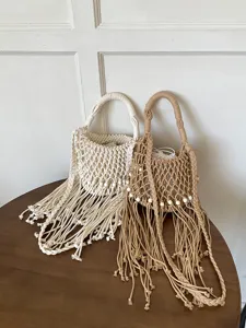 Borsa secchiello intrecciata con frange fatta a mano, elegante borsa per la spiaggia.