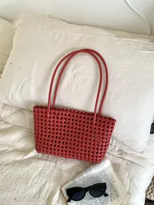 Red woven hollow beach bag summer casual tote handbag for women daily commute holiday resort