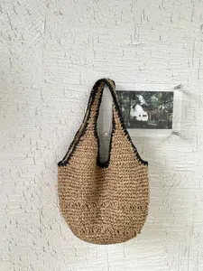 Sac à aisselles en paille tissée décontracté, cabas de plage d'été, grand sac porté épaule femme.