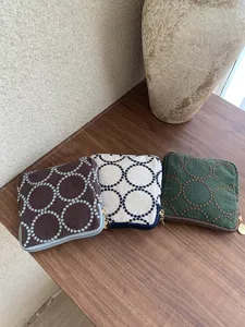 Retro tambourine embroidery coin purse set, small fabric cosmetic pouch and card holder organizer.